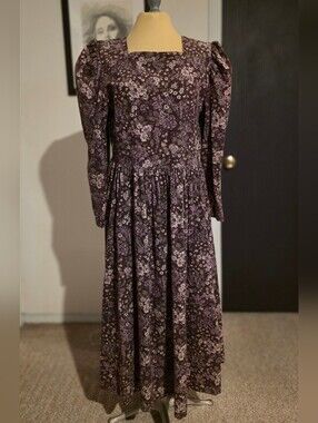 Vintage Laura Ashley Plum Floral Long-Sleeve Midi Dress - Made In UK